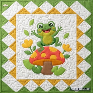 Op de afbeelding: Een vierkante quilt met een centrale applicatie van een groene kikker op een rood-gele paddenstoel met stippen, omringd door gele bloemen en groene bladeren. De rand heeft een wit en geel geometrisch patroon. Afgewerkte maat 91 cm x 107 cm.