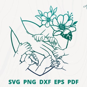 Mother with 7 child&#39;s hands svg, floral Holding hand svg, mom and baby svg, Mother day svg, 6 babies hands with flower, mom and kids svg