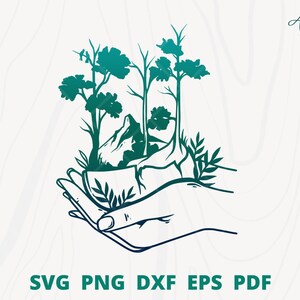 Hand holding forest svg, save forest svg, hand landscape svg, save forest wall decor, holding trees svg cut file, forest scene svg