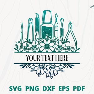 May include: A black and teal silhouette of nail care tools and flowers with the text "YOUR TEXT HERE" in the center. The tools include nail clippers, a nail file, a cuticle pusher, and a bottle of nail polish.