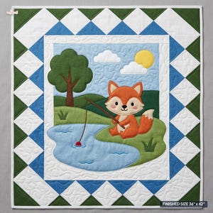 May include: A square quilt featuring an appliqué of an orange fox fishing in a blue pond. The scene includes a green tree, white clouds, and a yellow sun. The border consists of a diamond pattern in blue, white, and green. Finished size 91 cm x 107 cm.