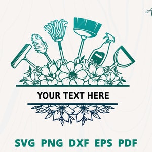 Reinigung Werkzeug svg 2, Reinigung Service svg, Reinigung Werkzeug Rahmen für Maid Zeichen oder Maid Logo, Reinigungsmittel mit Blume, Haushalt svg