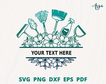 Reinigung Werkzeug svg 2, Reinigung Service svg, Reinigung Werkzeug Rahmen für Maid Zeichen oder Maid Logo, Reinigungsmittel mit Blume, Haushalt svg