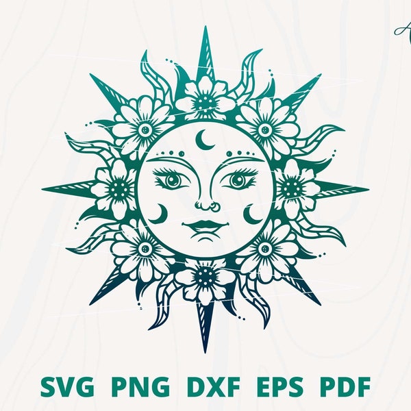 Flower Sun svg, Sun Face svg, Sun svg, Celestial Sun svg, Mystical sun svg, Boho svg, Sunshine svg, Floral sun Clip art