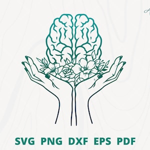 Hand holding Brain svg, Brain svg, Mental health svg, Floral Brain wall decor, Brain with flower svg, Instant download
