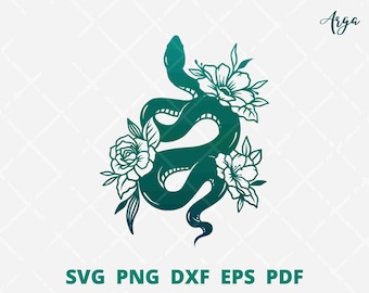 Snake silhouette svg, Snake svg, snake cut file, floral snake svg, reptile art svg, animal svg, snake with flower wall art