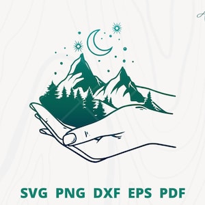 Hand Holding mountain svg, night mountain svg, hand landscape svg, mountain scene svg, mountain wall decor, mountain clip art