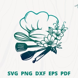 Può includere: Illustrazione verde acqua e verde di un cappello da chef, frusta, spatola, mattarello e fiori. Il testo "SVG PNG DXF EPS PDF" in basso indica file di progettazione digitale.