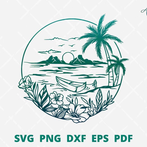 Beautiful island with wooden boat SVG, island scene svg, beach scene svg, beach wall decoration, beach cut file, beach illustration