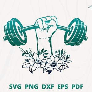 Fitness girl svg, Dumbbell svg, Women strength svg, Hand holding dumbbell svg, Dumbbell with flower, Barbell svg, Gym svg, Workout svg