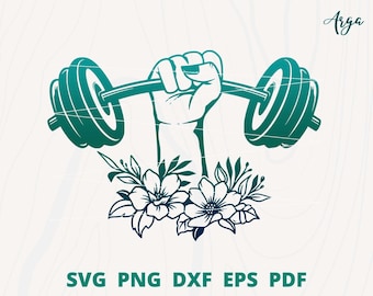 Fitnesstjej svg, Hantel svg, Kvinnlig styrke svg, Hand som håller hantel svg, Hantel med blomma, Skivstång svg, Gym svg, Träningspass svg