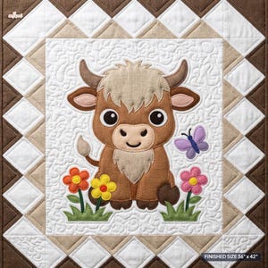 May include: A quilted wall hanging featuring a central applique of a brown highland cow with horns, surrounded by a white stippled background, colourful flowers, and a purple butterfly. The border has brown and white diamonds. Finished size 91cm x 107cm.