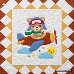 May include: A quilted blanket featuring a central applique of a brown bear wearing blue aviator goggles and a green scarf, piloting a brown aeroplane. The design includes a yellow sun, blue clouds, and small stars, with a finished size of 91 by 107 cm.