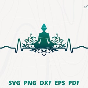 heartbeat yoga svg, heart beat yoya meditation svg, meditation svg, yoga silhouette, yoga with flower svg, positive yoga svg