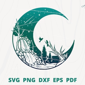 Waterfall on the moon svg, Crescent moon svg, Waterfall Scene svg, Waterfall wall decoration, Waterfall moon svg, instant download