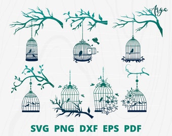 Bird cage svg bundle, Bird cage svg, Bird cage wall decor, Bird cage with flower, Bird cage cut file, Bird cage silhouette, Tree branch svg