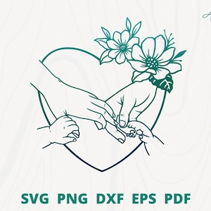 2 人の子供を抱く両親、花を持つ家族の手 svg、幸せな家族 svg、子供の手を握る父親と母親、花を持つ家族の手 svg