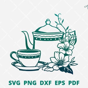 Könnte beinhalten: Eine türkisfarbene Silhouette einer Teekanne, einer Teetasse und einer Untertasse mit floralen Akzenten. Die Teekanne hat einen Deckel und einen Ausguss. Die Teetasse hat einen Henkel. Die Untertasse ist rund. Die Blumen sind stilisiert und haben fünf Blütenblätter.
