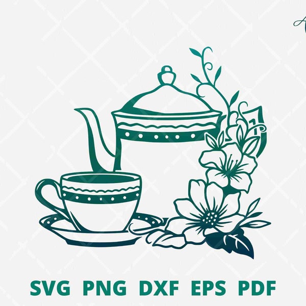 Teapot svg file, Floral teapot svg, teapot with flower bouquet, teapot wall decor, tea cup floral in SVG cut file for cricut and silhouet