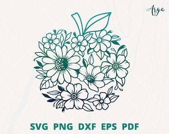 Floral Apple svg, Flower Apple svg, Apple with flower svg cut file, Apple class room decor, spring fruit svg, Floral Fruit svg