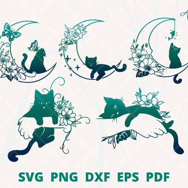 Cat svg Bundle, cat in the moon svg, cat with flower, crescent moon cat, hand holding cat svg, butterfly cat svg files, cute cat wall decor