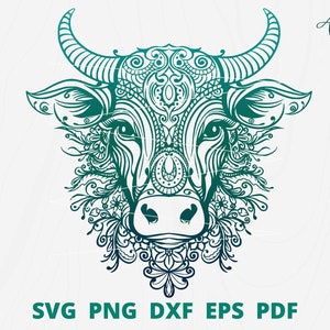 Mandala Buffalo hoofd svg, Zentangle Bull svg, Bull hoofd svg, Bull hoofd kunst aan de muur, Buffalo svg, bloemen Buffalo svg.