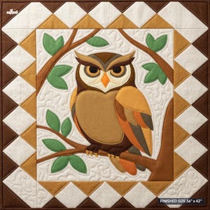 May include: A square quilt featuring a central applique of a brown owl perched on a tree branch with green leaves. The border consists of a geometric pattern of brown, tan, and white triangles. The text FINISHED SIZE 36" x 42" is visible.