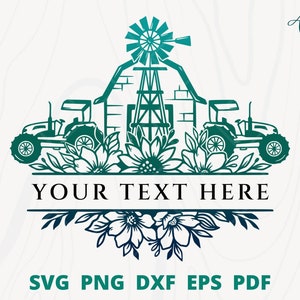 Delad monogram jordbruksram, Jordbruk med blomma svg, jordbruksblommig ram, jordbrukstraktor svg, jordbruksskylt svg, lada och väderkvarn svg