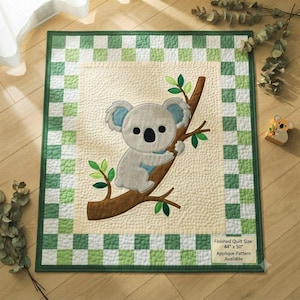 Koala Baby Appliqué Quilt Pattern, Nursery Blanket Sewing PDF (A4, US Letter, Mirrored)