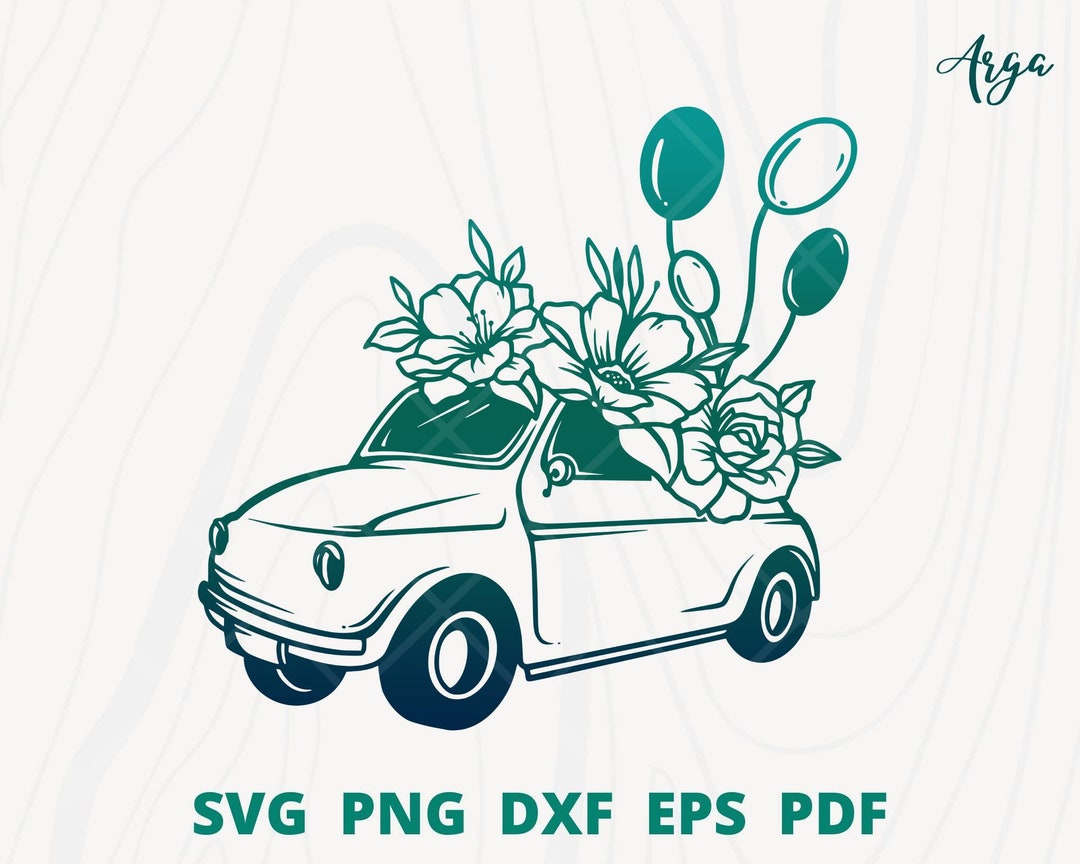 Carro com flor e balão svg, arquivos svg de carro de casamento, svg de  casamento, decoração de parede de carro de casamento, carro fofo svg,  desenho