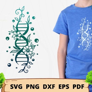 May include: A blue t-shirt featuring a white floral DNA design. The design includes flowers, leaves, and small circular accents. The shirt is worn by a person. The bottom of the image shows the text "SVG PNG DXF EPS PDF".