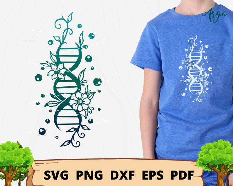 May include: A blue t-shirt featuring a white floral DNA design. The design includes flowers, leaves, and small circular accents. The shirt is worn by a person. The bottom of the image shows the text "SVG PNG DXF EPS PDF".
