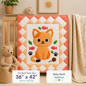 May include: A rectangular baby quilt measuring 91 cm by 107 cm, featuring a central orange cat applique surrounded by small fish, leaves, and paw prints. The quilt has a white centre panel and a geometric border in shades of orange and white.