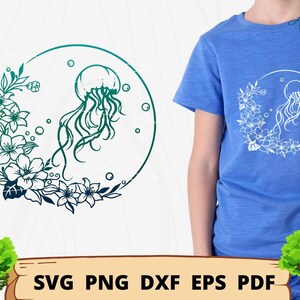 May include: A digital design featuring a jellyfish with floral accents inside a circle. The design is in shades of green and white. The design is perfect for creating t-shirts, mugs, tote bags, and other crafts.