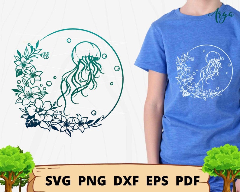 May include: A digital design featuring a jellyfish with floral accents inside a circle. The design is in shades of green and white. The design is perfect for creating t-shirts, mugs, tote bags, and other crafts.