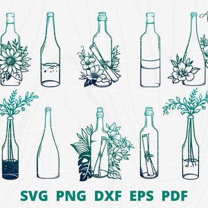 Fles svg bundel, Fles svg, Fles bloem svg, Floral Fles svg, Bloem in Fles svg, Boodschap in Fles svg, Schatkaart in Fles svg