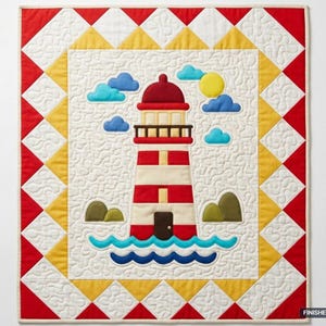 May include: A rectangular quilt featuring a central lighthouse applique with red and white stripes, a dark red roof, and a brown door. The scene includes blue clouds, a yellow sun, and green hills over blue waves. The border has red and yellow triangles.