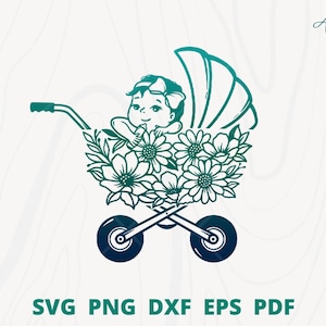 花付きベビーカー、ベビーカー svg、ベビーカー カット ファイル、女の赤ちゃん svg、ベビーカー svg、ベビーシャワー svg、新生児 svg