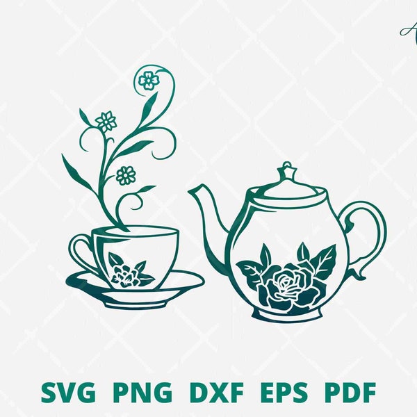 Floral teapot with a cup svg cut file and PNG sublimation, teapot svg, teacup svg, mandala teapot wall decor