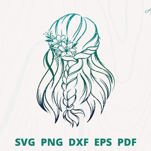 美しい髪の編み込み svg、花柄の髪の svg、女性のファッション svg、花柄の編み込みの髪の svg、編み込みのクリップアート、髪の編み込みのロゴ、ヘア スタイル svg