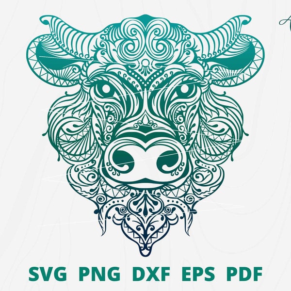 Bull svg, Mandala Bull head svg, Buffalo head svg, Bull head wall art, Zentangle Buffalo svg, Buffalo svg.