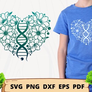 May include: A green and white heart-shaped design with a DNA double helix inside. The design is surrounded by flowers. The design is on a blue t-shirt.