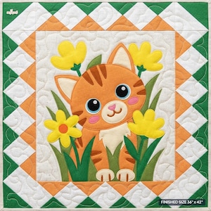 May include: A square fabric quilt featuring an orange tabby cat with large eyes surrounded by yellow flowers and green leaves. The border has a geometric pattern of white, orange, and green triangles. Text in the corner reads: FINISHED SIZE 36" x 42".