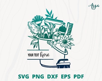 Puede incluir: Un diseño de productos de limpieza verde y azul con un cubo, cepillos, botellas de spray y flores. El texto "YOUR TEXT here" está en una pancarta debajo del cubo.