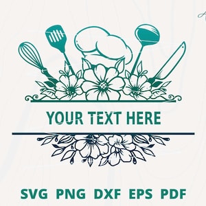 May include: A teal blue and green chef hat with floral accents and kitchen utensils, including a whisk, spatula, and knife. The text "YOUR TEXT HERE" is displayed below the design.