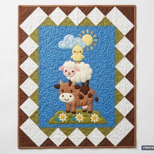 May include: A rectangular quilt featuring a central blue panel with a stacked applique of a brown cow, a white sheep, and a yellow chick under a sun and clouds. The border has green and white diamond patterns. Finished size 91.44 cm x 106.68 cm.