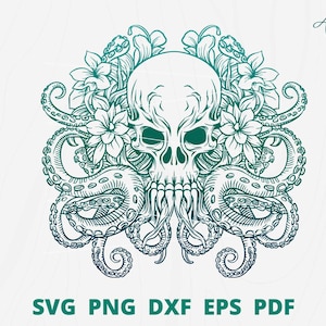 Octopus skull svg, Octopus skull with flower, Octopus svg, skull svg, Octopus cut files, Octopus skull silhouette.