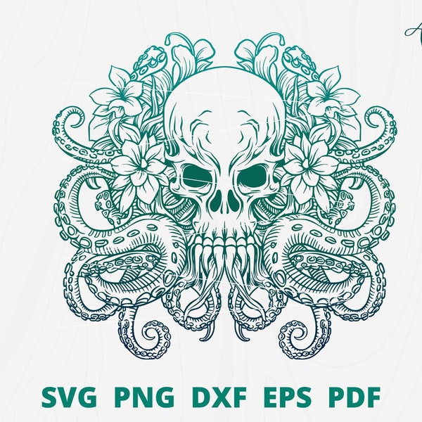 Octopus skull svg, Octopus skull with flower, Octopus svg, skull svg, Octopus cut files, Octopus skull silhouette.