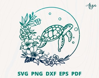 Flower Turtle svg, Sea Turtle svg, Turtle svg file, Turtle with flower frame svg, Ocean Animal svg, Turtle Silhouette, Beach Turtle svg