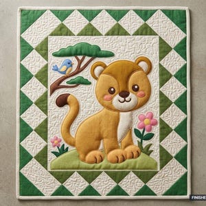 May include: A rectangular quilt featuring a central applique of a tan lion cub sitting on a green hill, accompanied by a blue bird in a tree and pink flowers. The border consists of white and green diamond patterns. Finished size 91 cm x 107 cm.